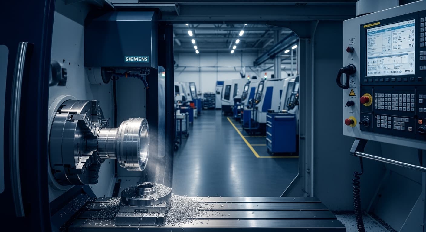 CNC turning of an aluminium component on the Rajas Engineering shop floor in Satara